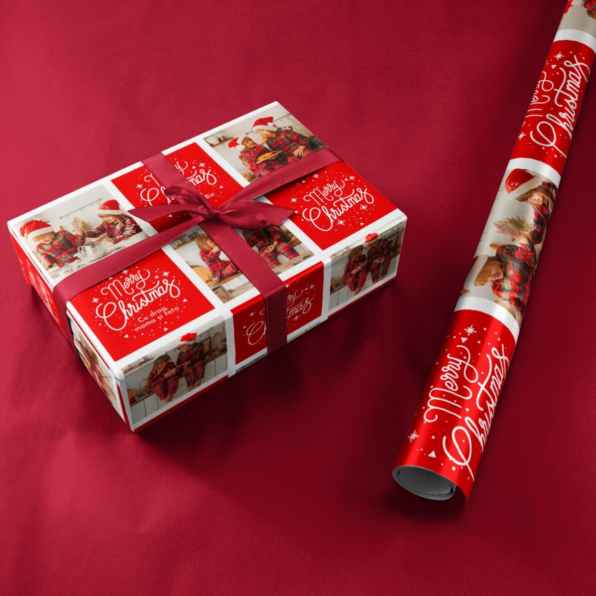 Individuell gestaltetes Geschenkpapier mit 12 Fotos und Text – Weihnachtsmotive und -botschaften