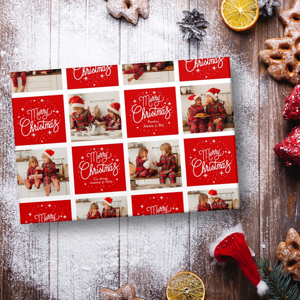 Individuell gestaltetes Geschenkpapier mit 12 Fotos und Text – Weihnachtsmotive und -botschaften