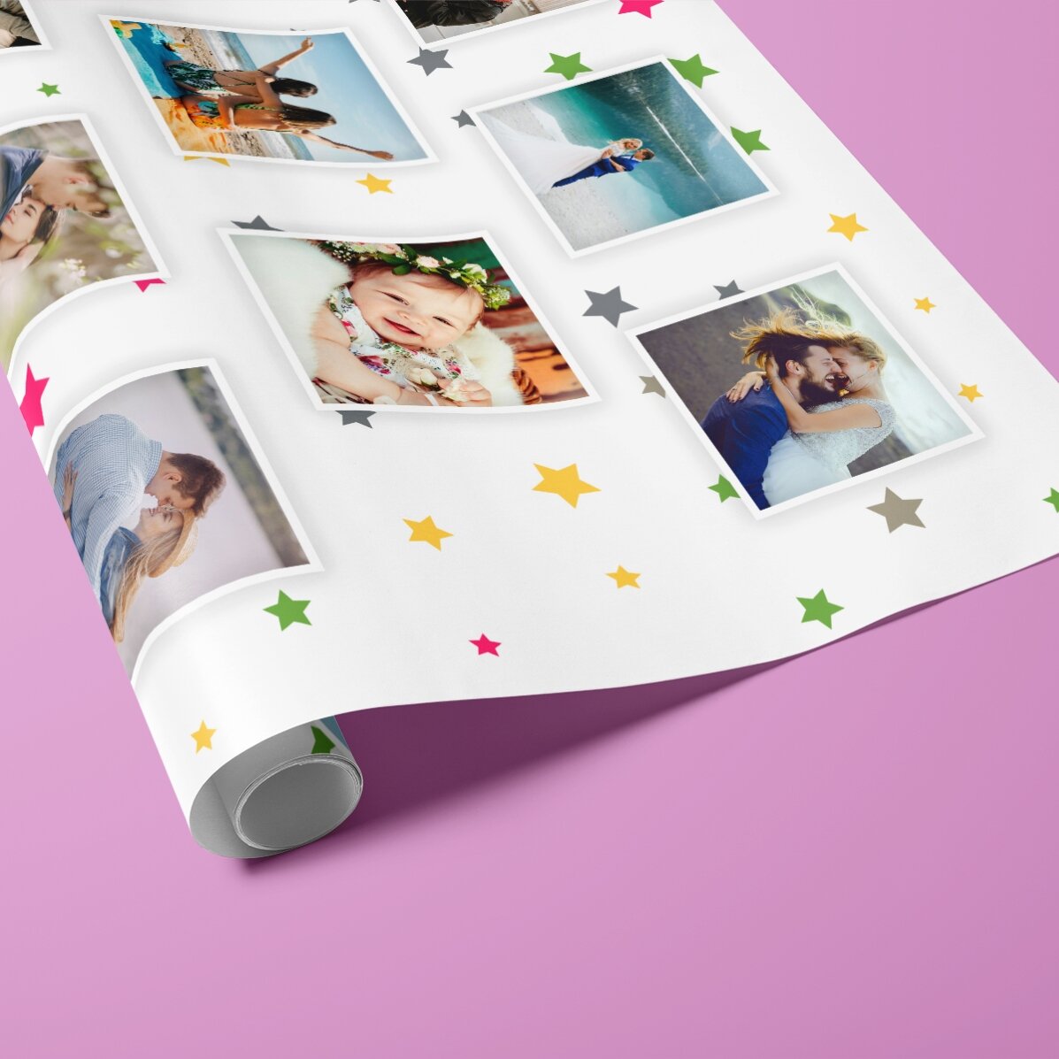 Individuell gestaltetes Geschenkpapier mit 13 Fotos und einem Hintergrund aus bunten Sternchen