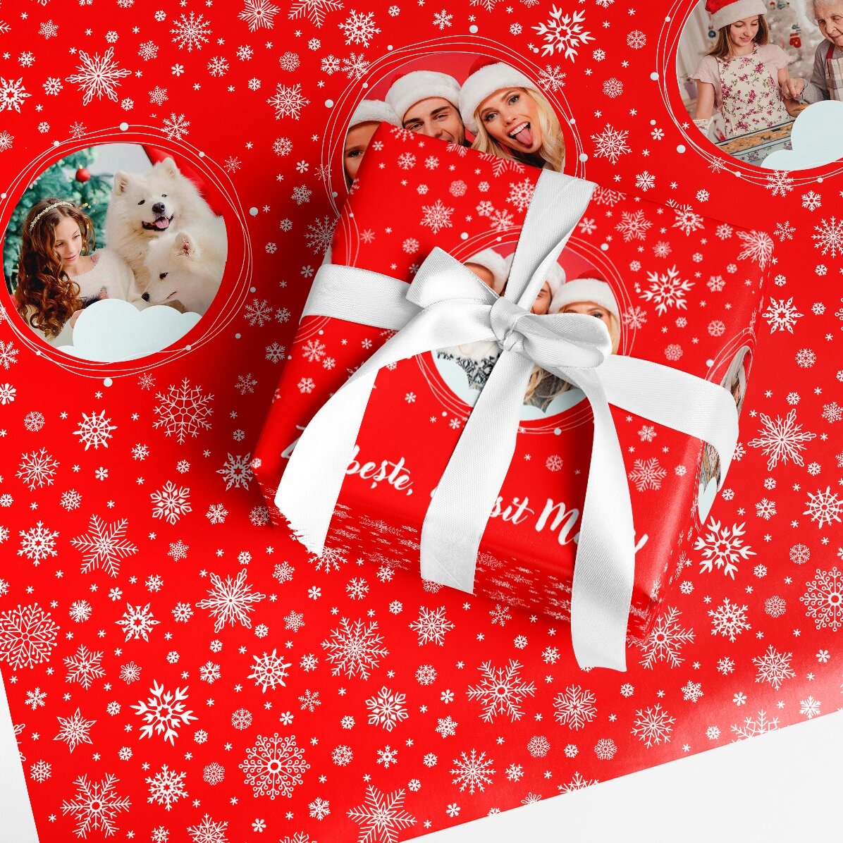 Individuell gestaltetes Geschenkpapier mit 3 Fotos und Text – Schneeflocken