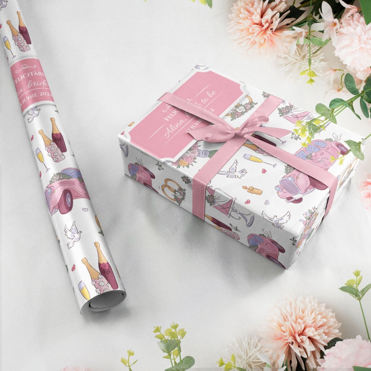 Individuell gestaltetes Geschenkpapier mit Text – Hochzeit