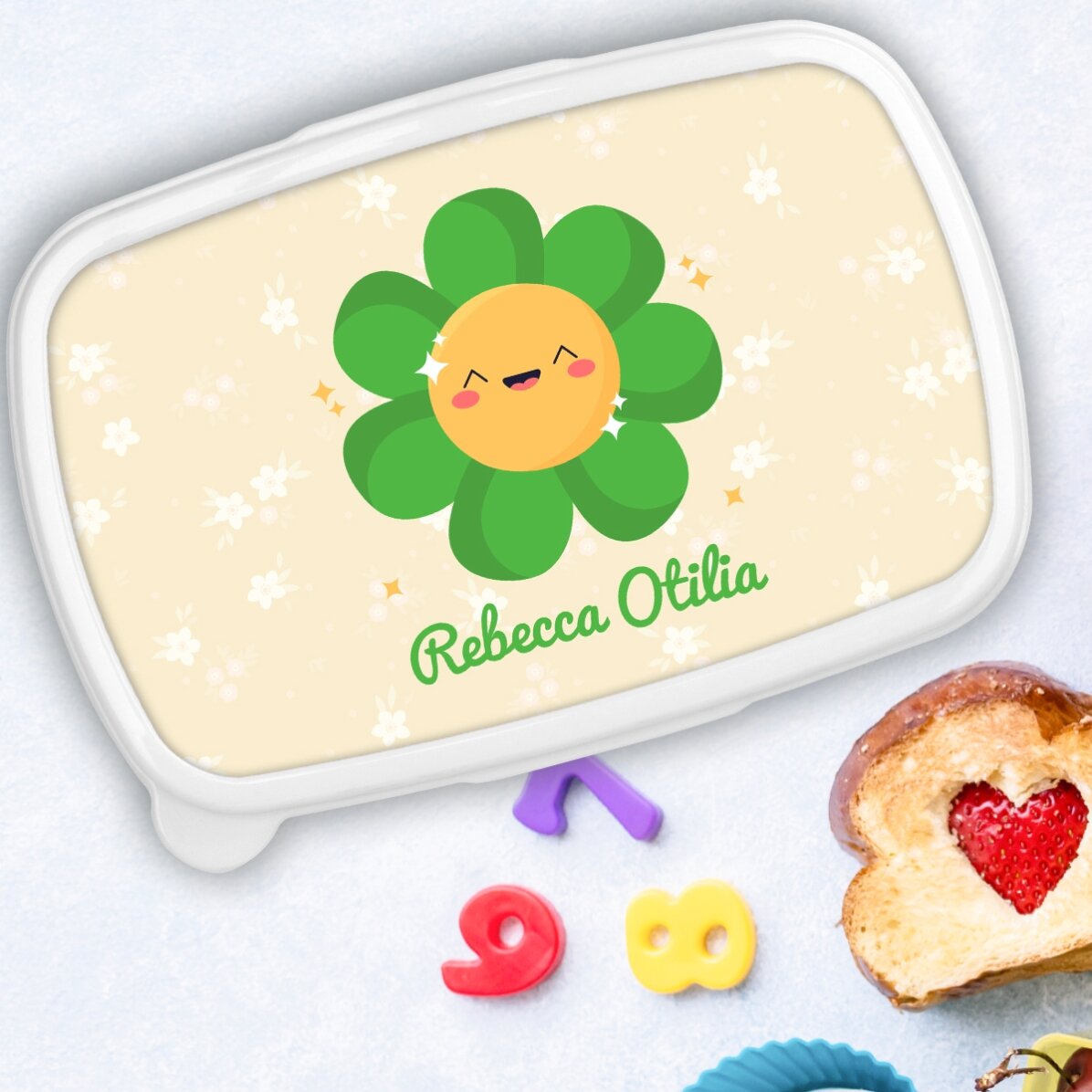 Lunchbox, personalisierte Auflaufform mit Namen – Modell „Bunte Blumen“