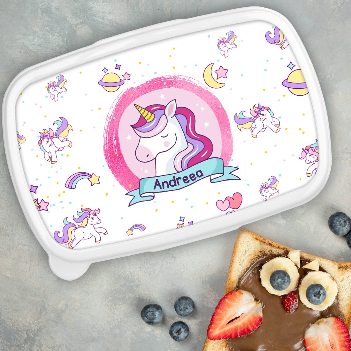 Lunch box, personalised with name - Unicorn