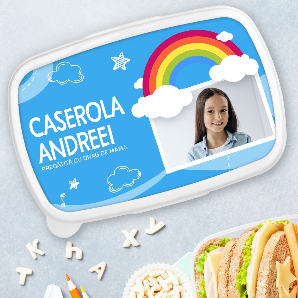 Lunchbox, personalisierte Auflaufform mit Foto und Namen – Modell „Regenbogen“