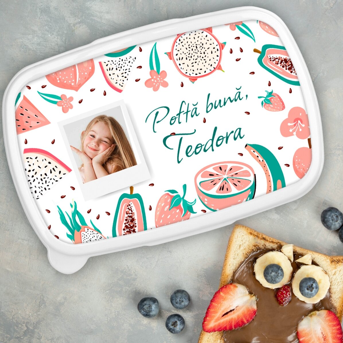 Lunchbox, personalisierte Auflaufform mit Foto und Botschaft – Obst