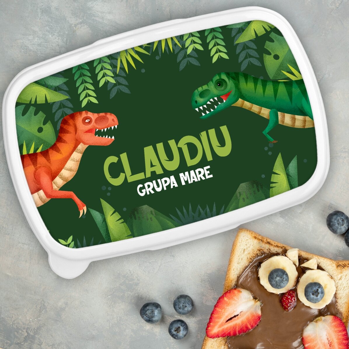 Lunchbox, personalisierte Auflaufform mit Schriftzug – T-Rex-Dinosaurier