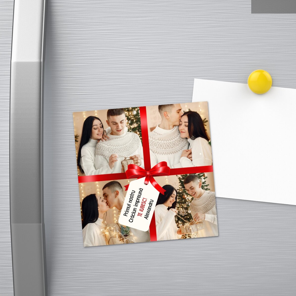 Individuell gestalteter Magnet im Format 10 x 10 mit 4 Fotos und einer Botschaft – Das perfekte Gesc