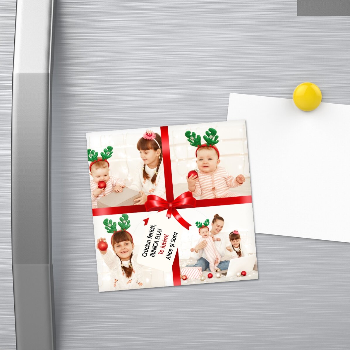 Individuell gestalteter Magnet im Format 10 x 10 mit 4 Fotos und einer Botschaft – Das perfekte Gesc