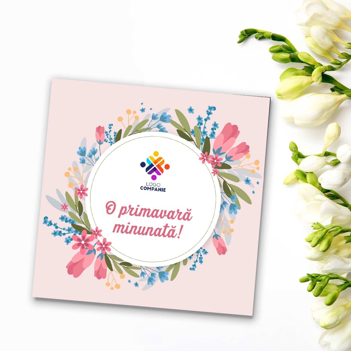 Individuell gestalteter Magnet 10x10 mit Logo und Text – Einen schönen Frühling!
