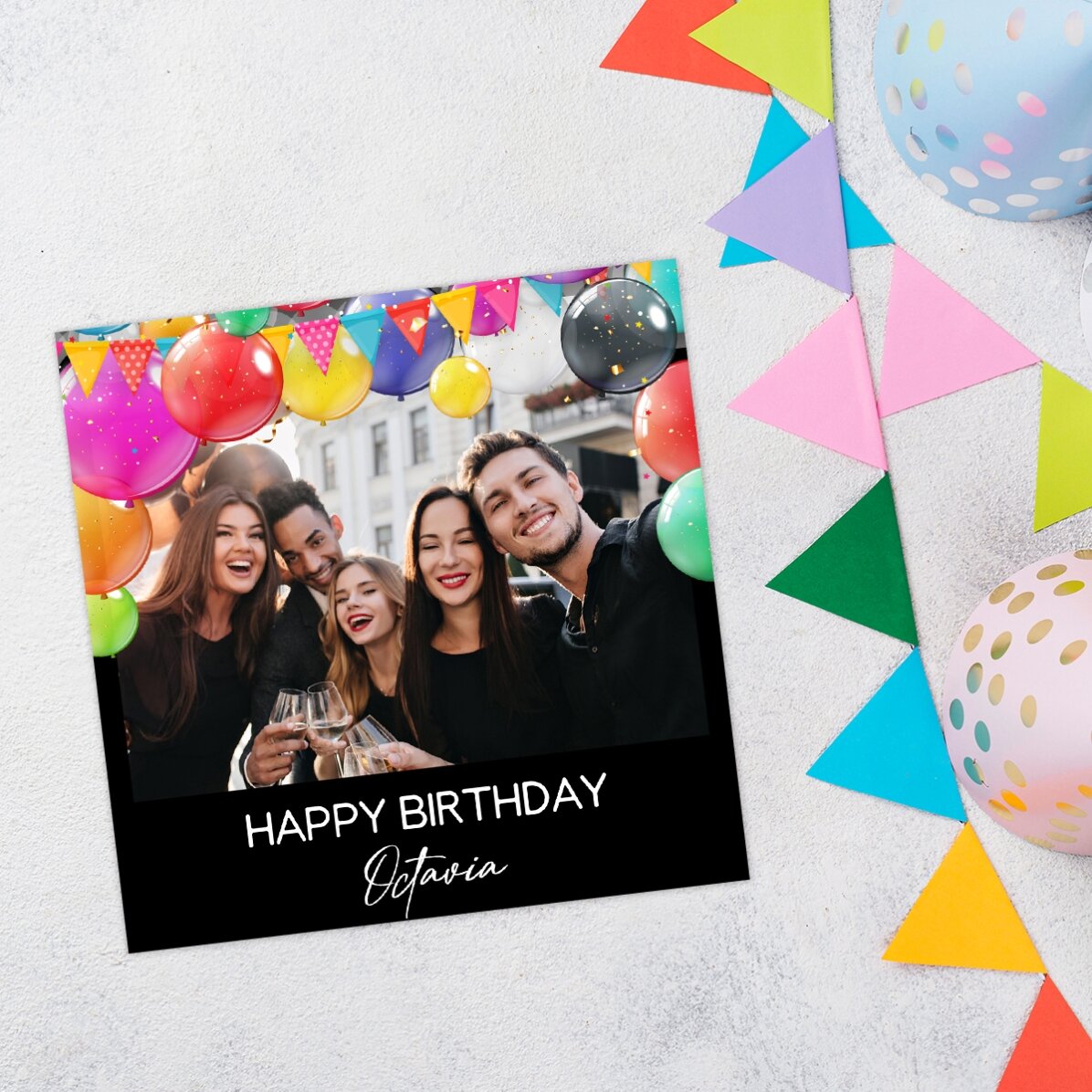 Individuell gestalteter Magnet (10 x 10) mit Foto und Text – Happy Birthday