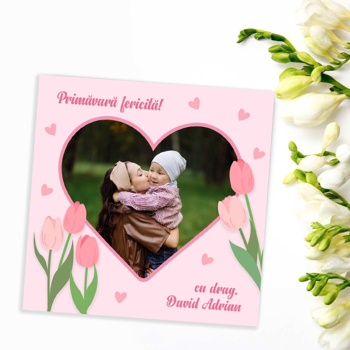 Individuell gestalteter Magnet (10 x 10) mit Foto und Text – Fröhlicher Frühling