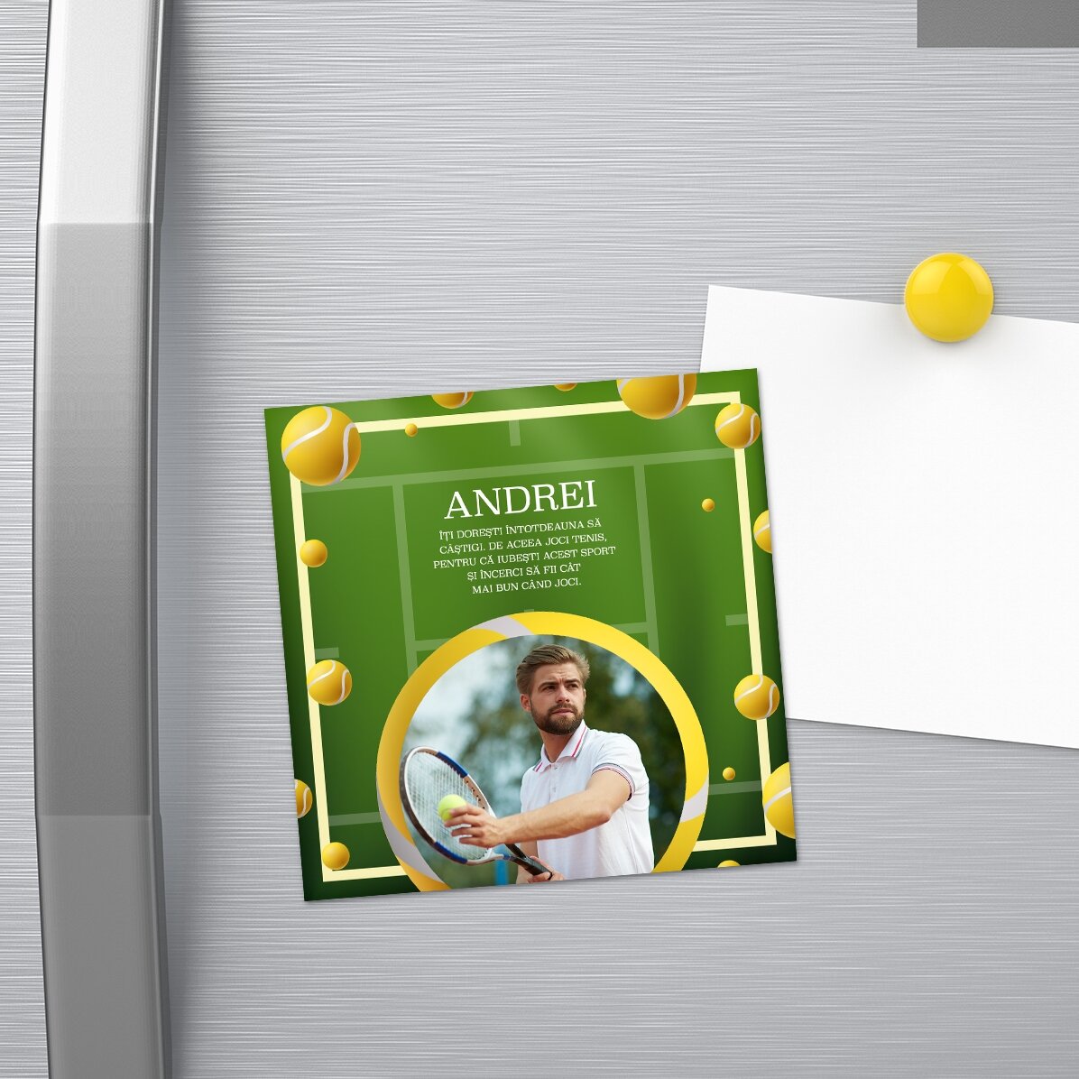 Individuell gestalteter Magnet 10x10 mit Foto und Text – Tennis
