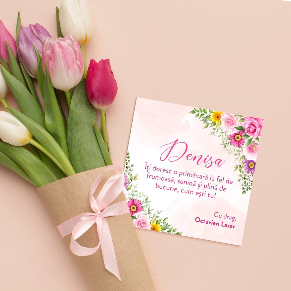Individuell gestalteter Magnet 10x10 mit Text – Einen schönen Frühling!