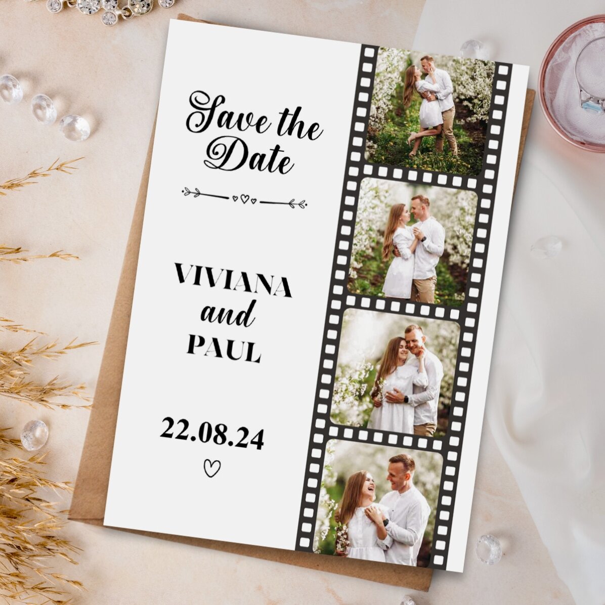 Individuell gestalteter Magnet (10 x 15 cm) mit 4 Fotos und Text – Save the date