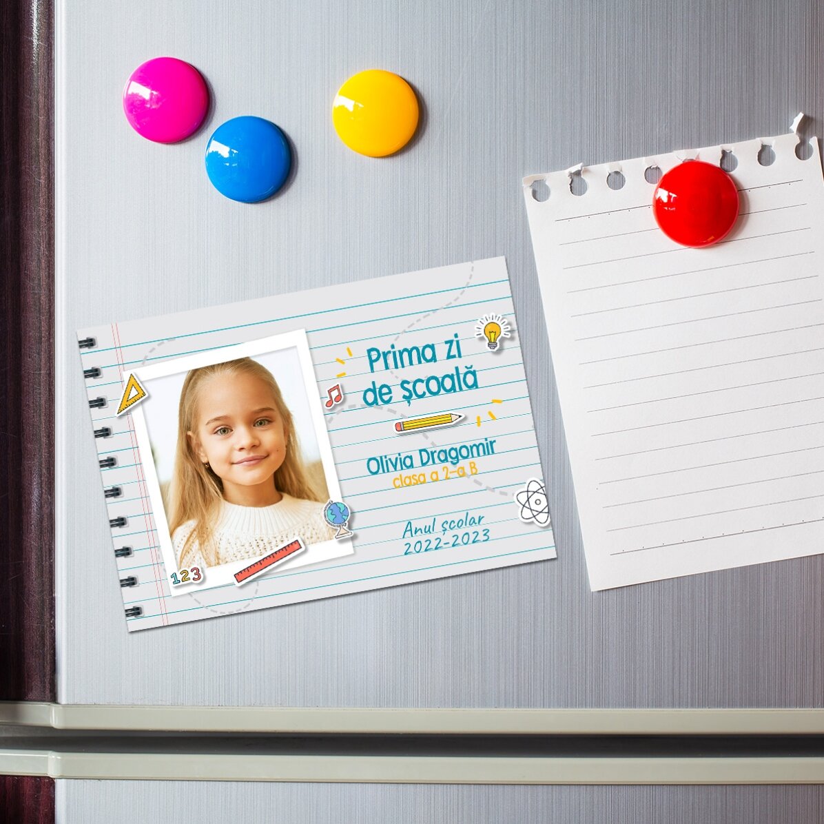 Individuell gestalteter Magnet (10 x 7 cm) mit Foto und Text – Der erste Schultag