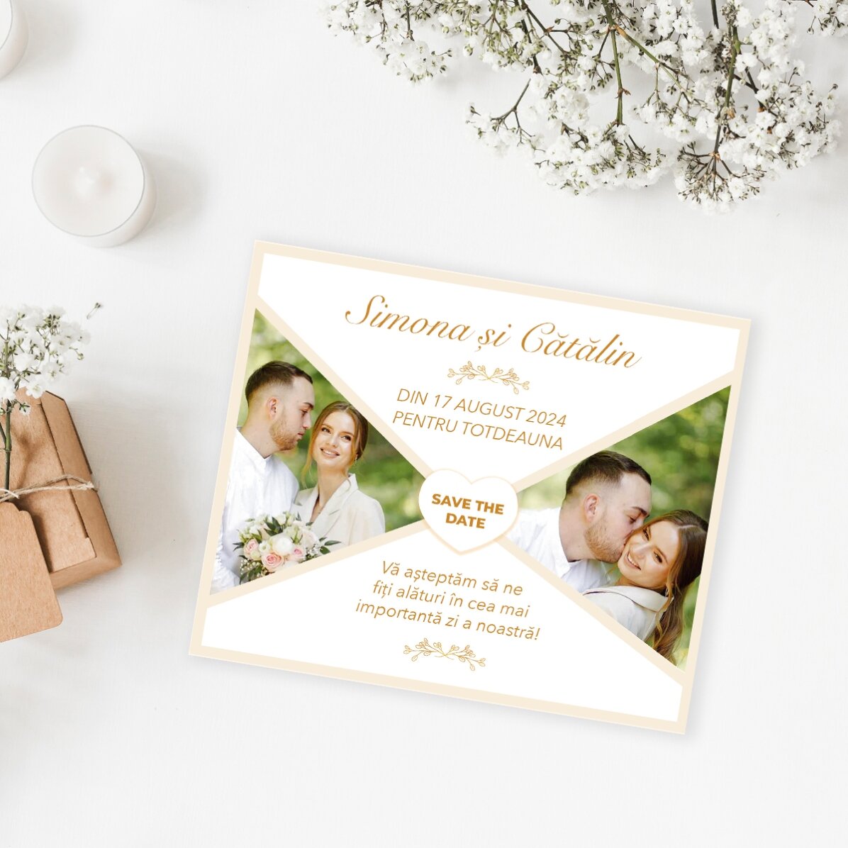 Individuell gestalteter Magnet (12 x 10 cm) mit 2 Fotos und Text – Save the date