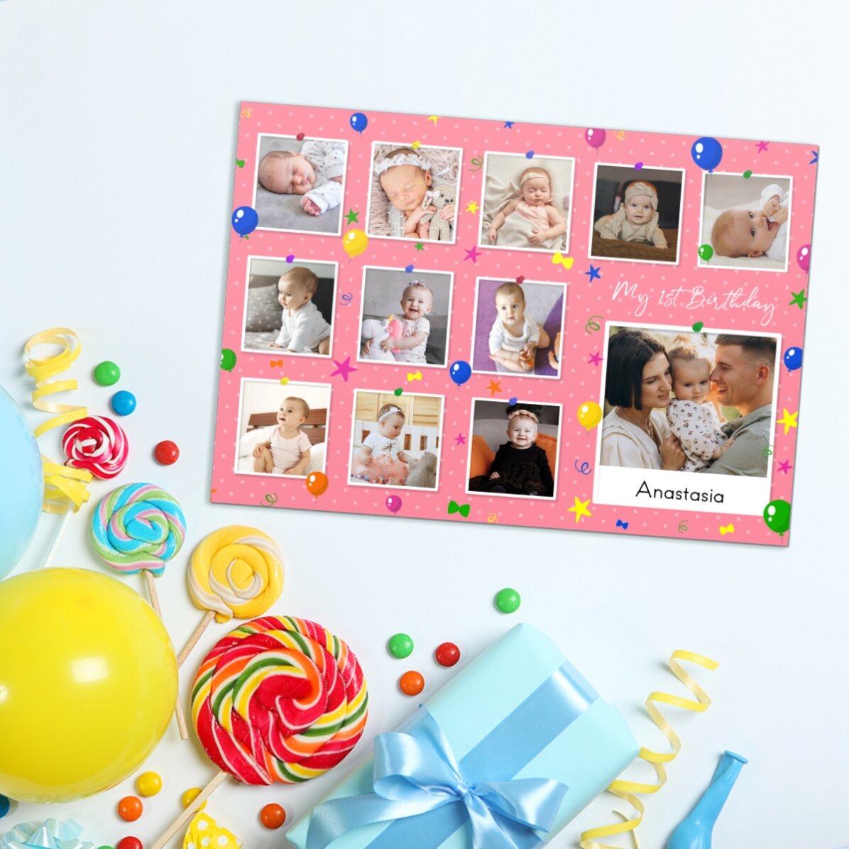 Individuell gestalteter Magnet (18 x 13 cm) mit Fotos und Text – Mein erster Geburtstag