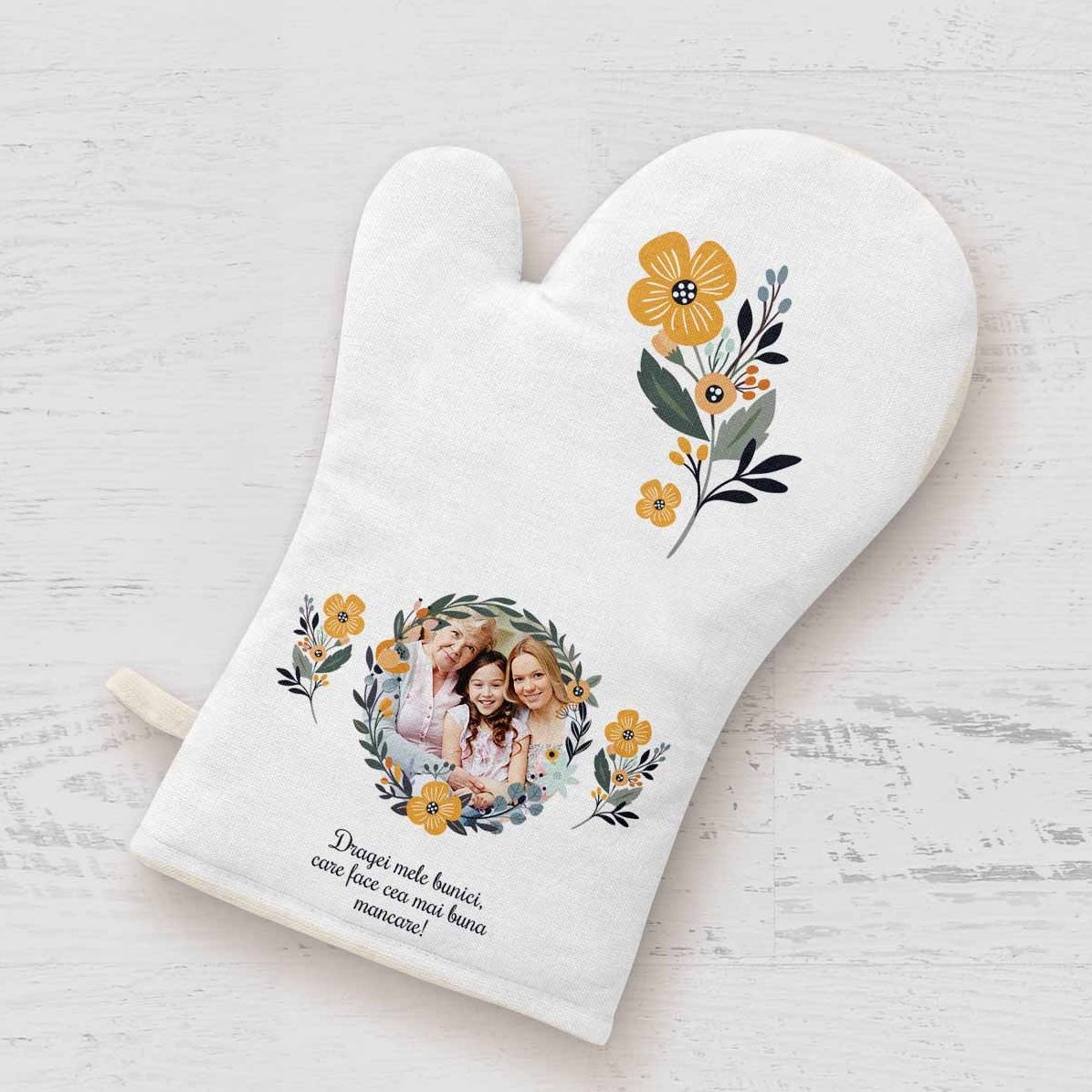 Personalisierte Küchenhandschuhe mit Foto und Text – Blumenmuster