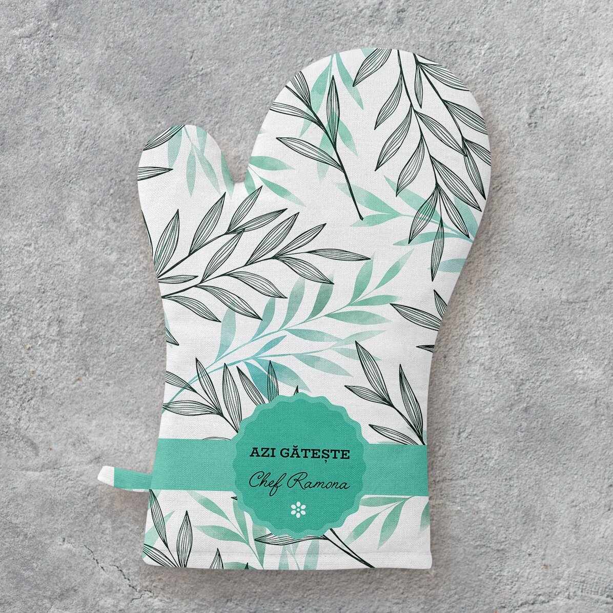 Personalisierter Küchenhandschuh mit Schriftzug – Blattmuster