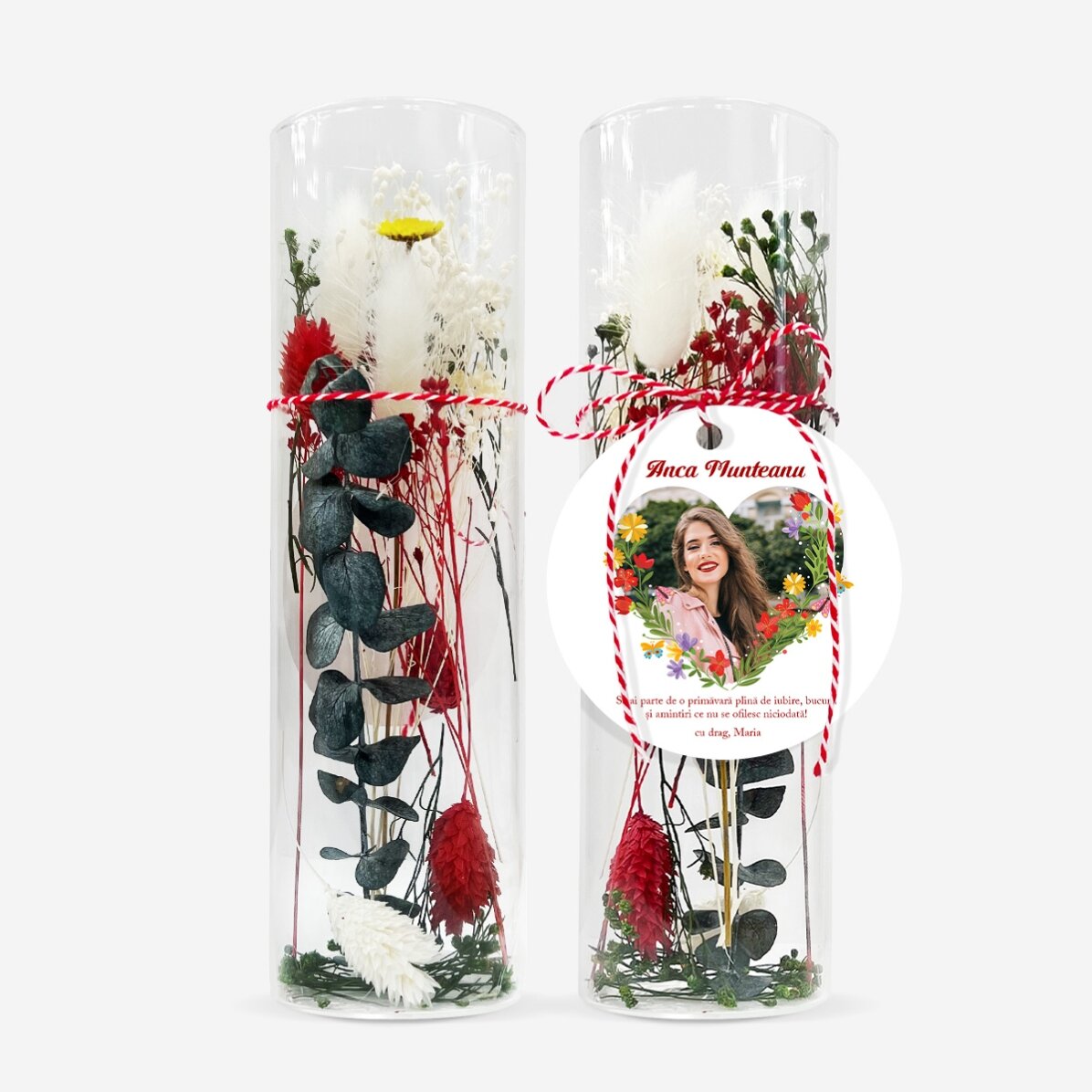 Martisor-Ornament aus Glas mit konservierten Blumen, individuell gestaltet mit einer Botschaft und e