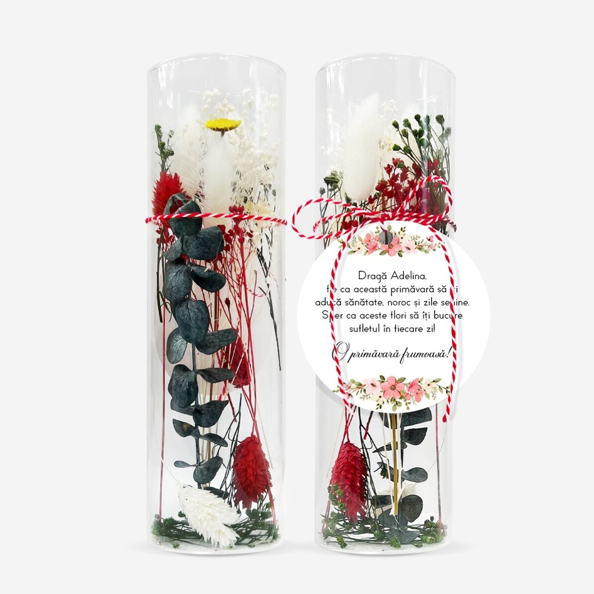 Martisor-Ornament aus Glas mit konservierten Blumen, individuell mit einer Botschaft versehen