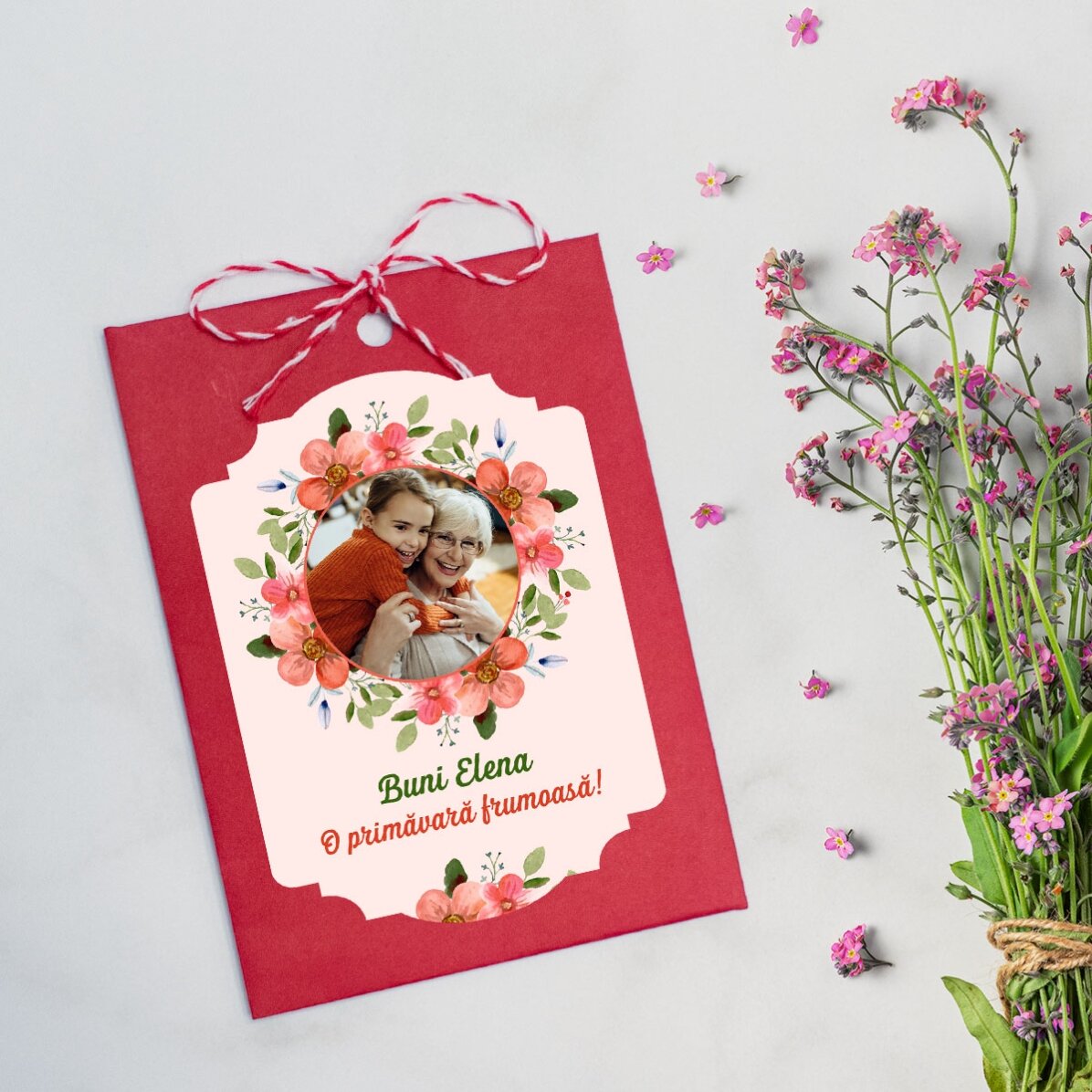 Individuell gestalteter Martisor zum Einpflanzen mit Foto und Botschaft – Einen schönen Frühling!