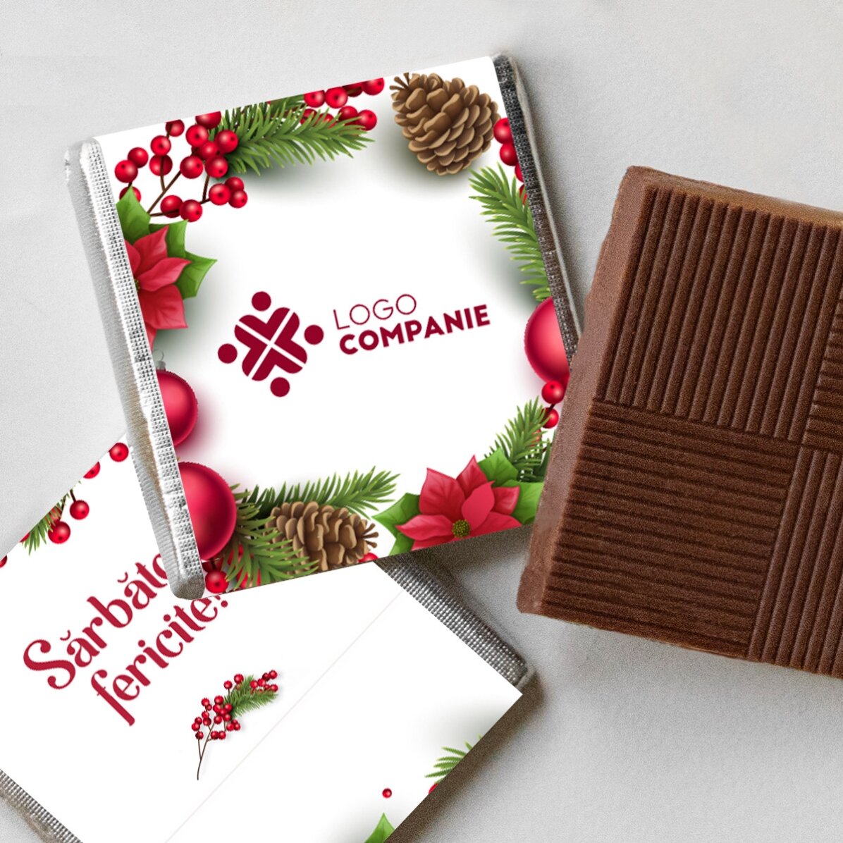 Personalisierte Mini-Schokolade mit Logo und Botschaft – Frohe Feiertage!