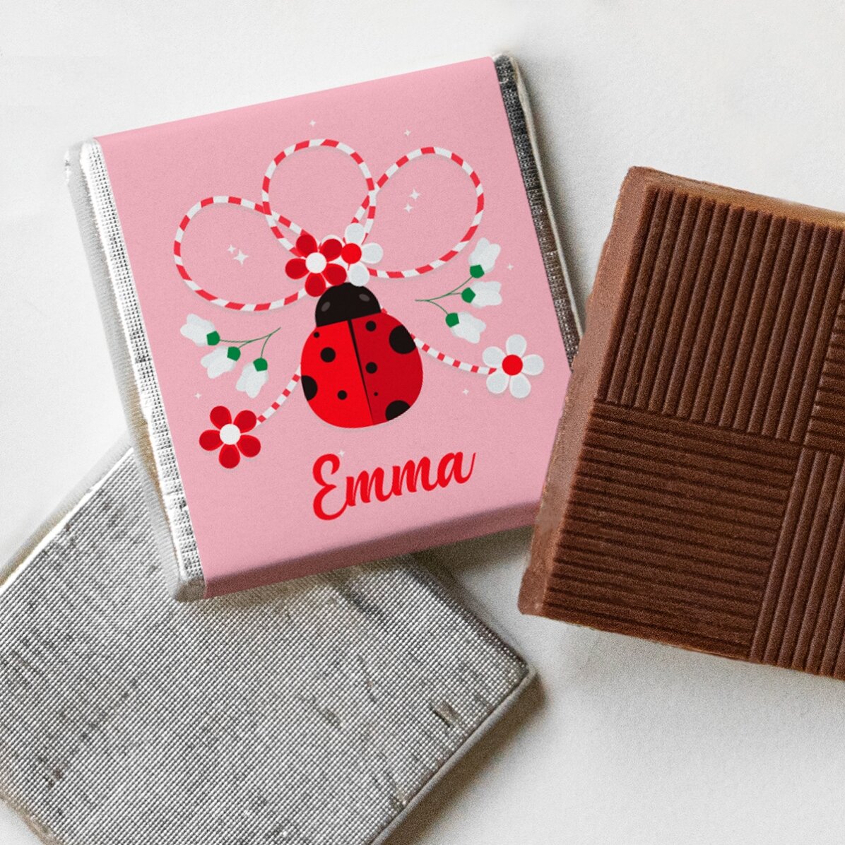 Personalisierte Mini-Schokolade mit dem Namen „Marienkäfer“