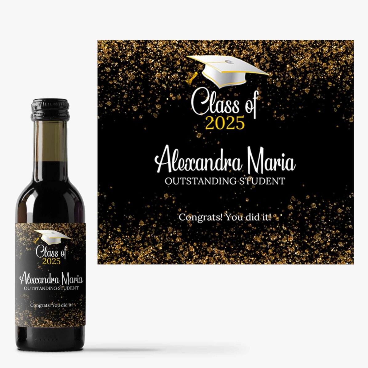 Kleine Weinflasche zum Schulabschluss, personalisiert mit dem Text „Outstanding student“