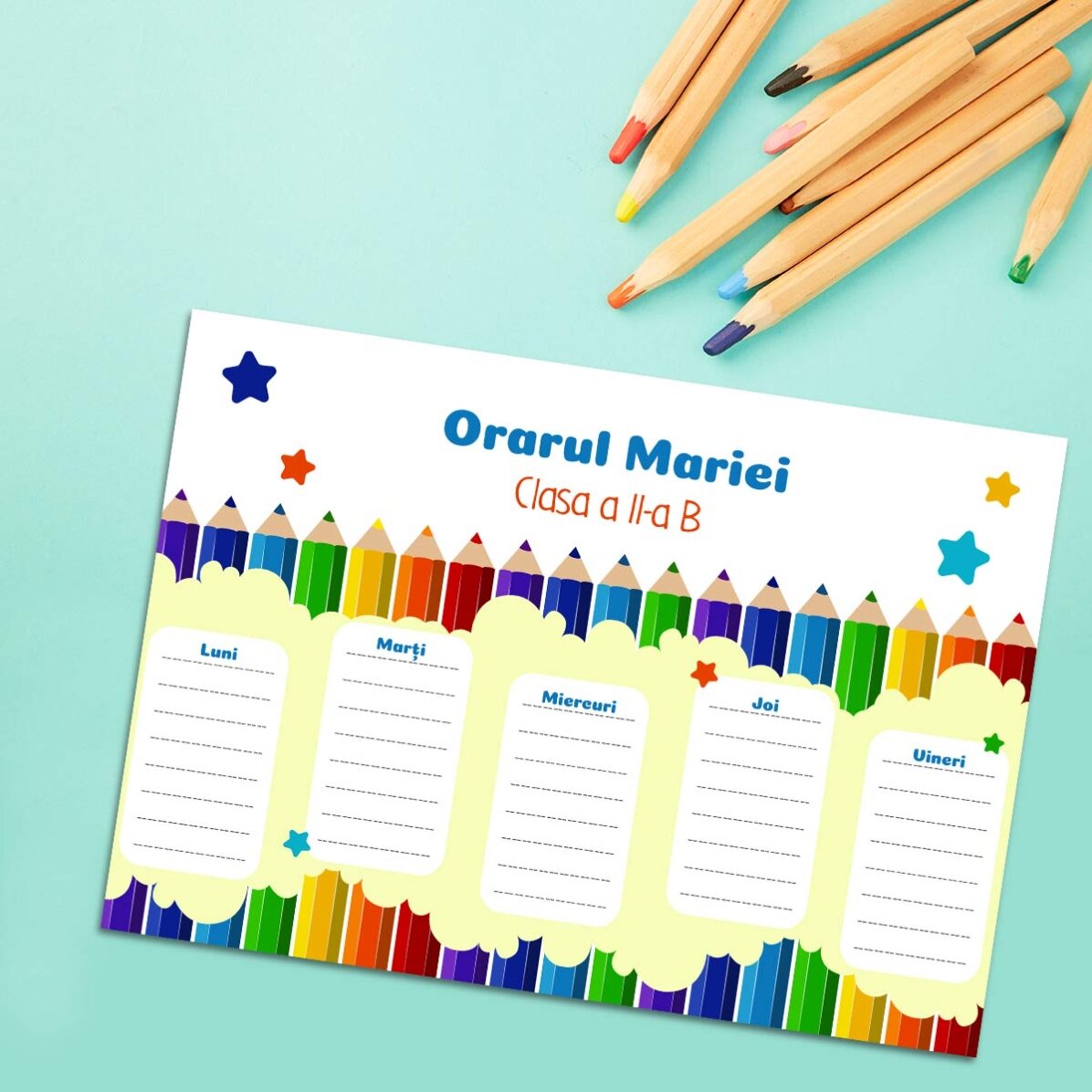 Individuell gestalteter Stundenplan mit Text – Buntstifte
