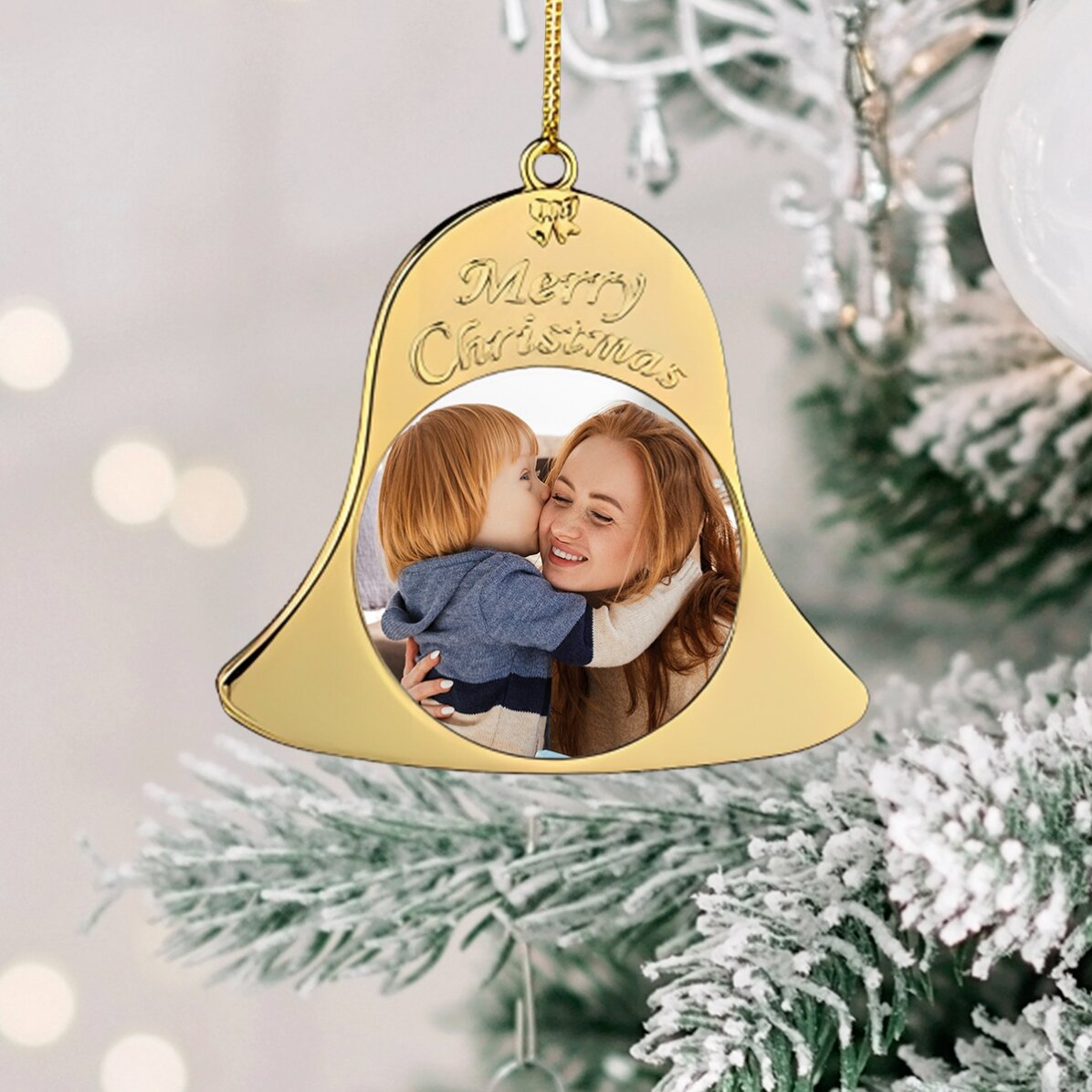 Individuell gestaltete Christbaumkugel mit zwei Fotos – Modell „Glöckchen“