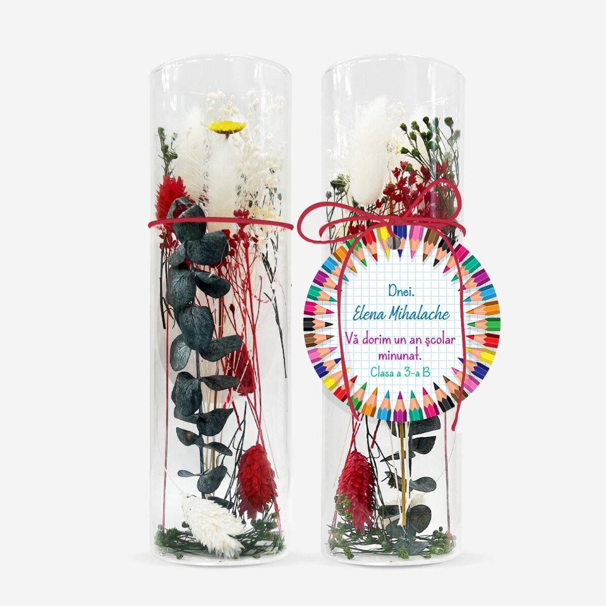 Glasornament mit konservierten Blumen, individuell gestaltet mit einer Botschaft für Lehrerinnen – B