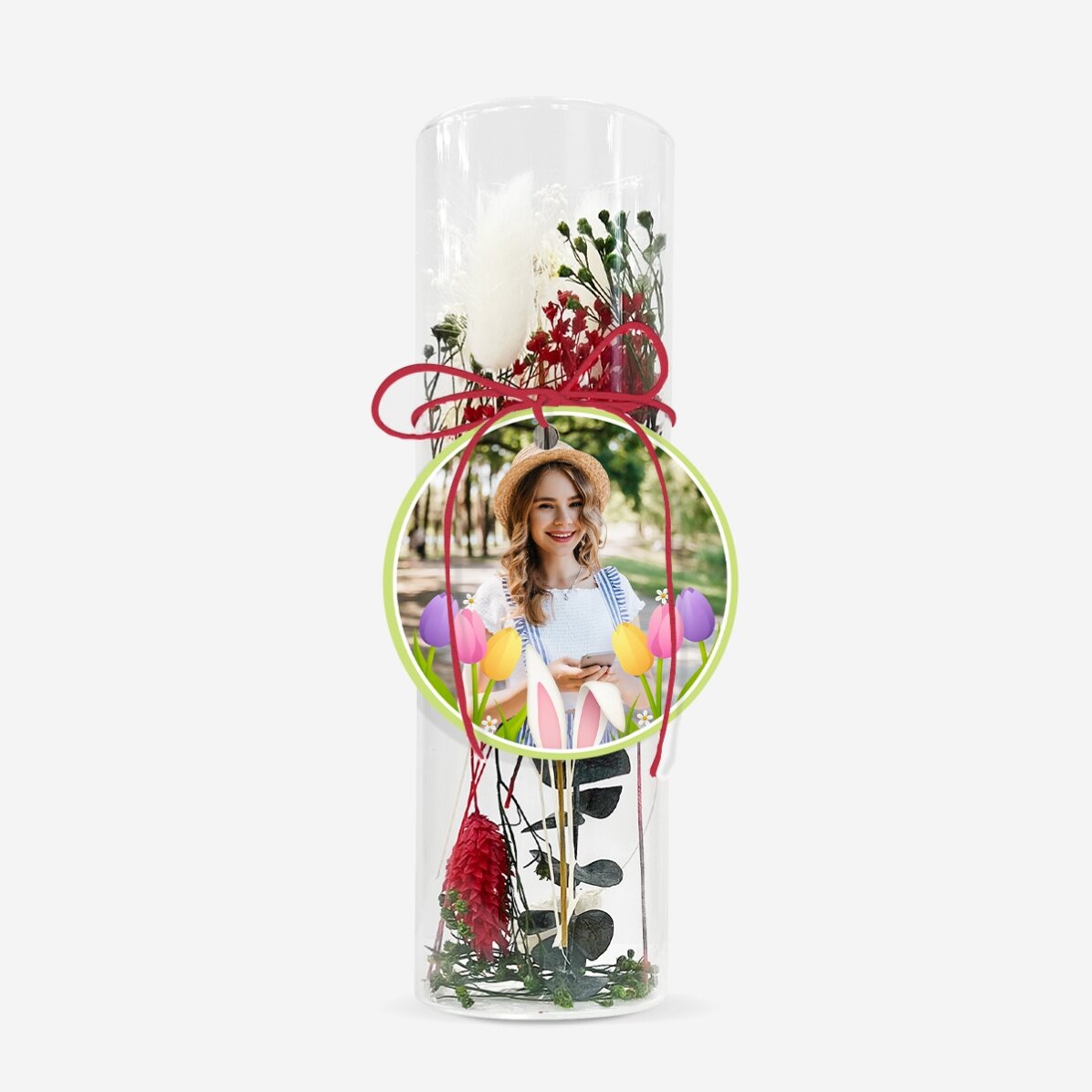 Glasornament mit konservierten Blumen, individuell mit Foto gestaltet – Ostern