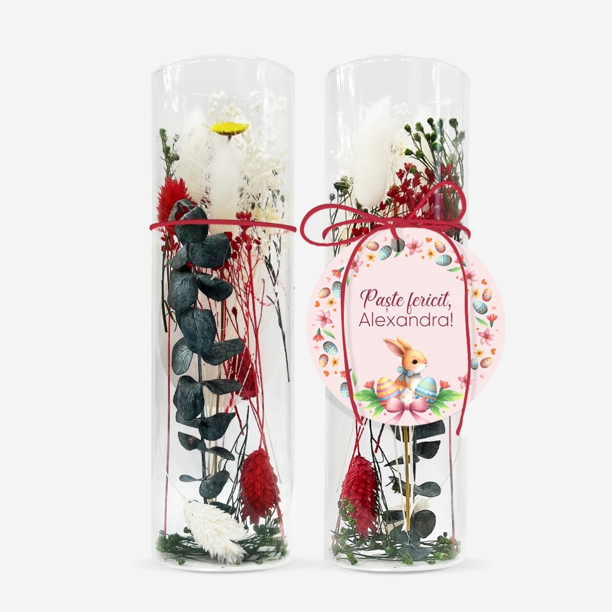 Glasornament mit konservierten Blumen, individuell mit Text gestaltet – Osterhase