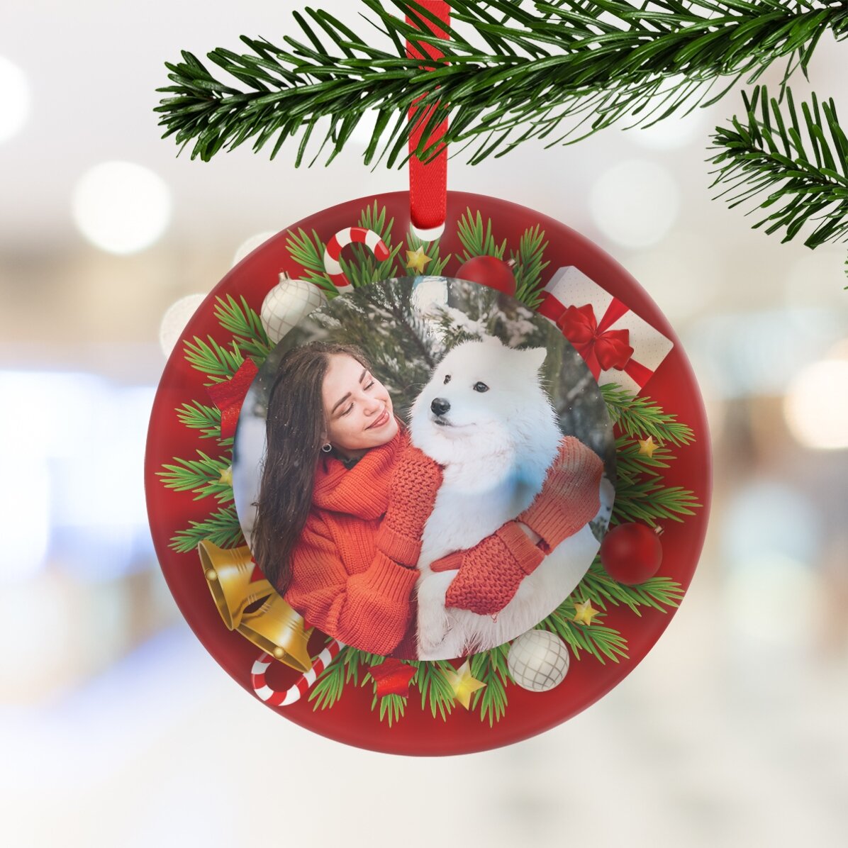 Individuell gestaltete runde Dekoration mit einem Foto – Weihnachten
