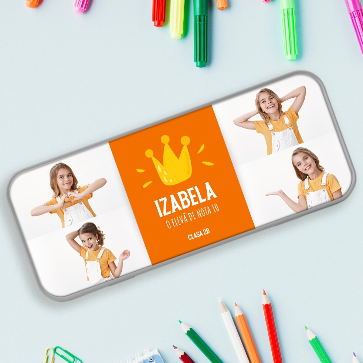 Personalisiertes Federmäppchen mit 4 Fotos und Text – Der beste Schüler