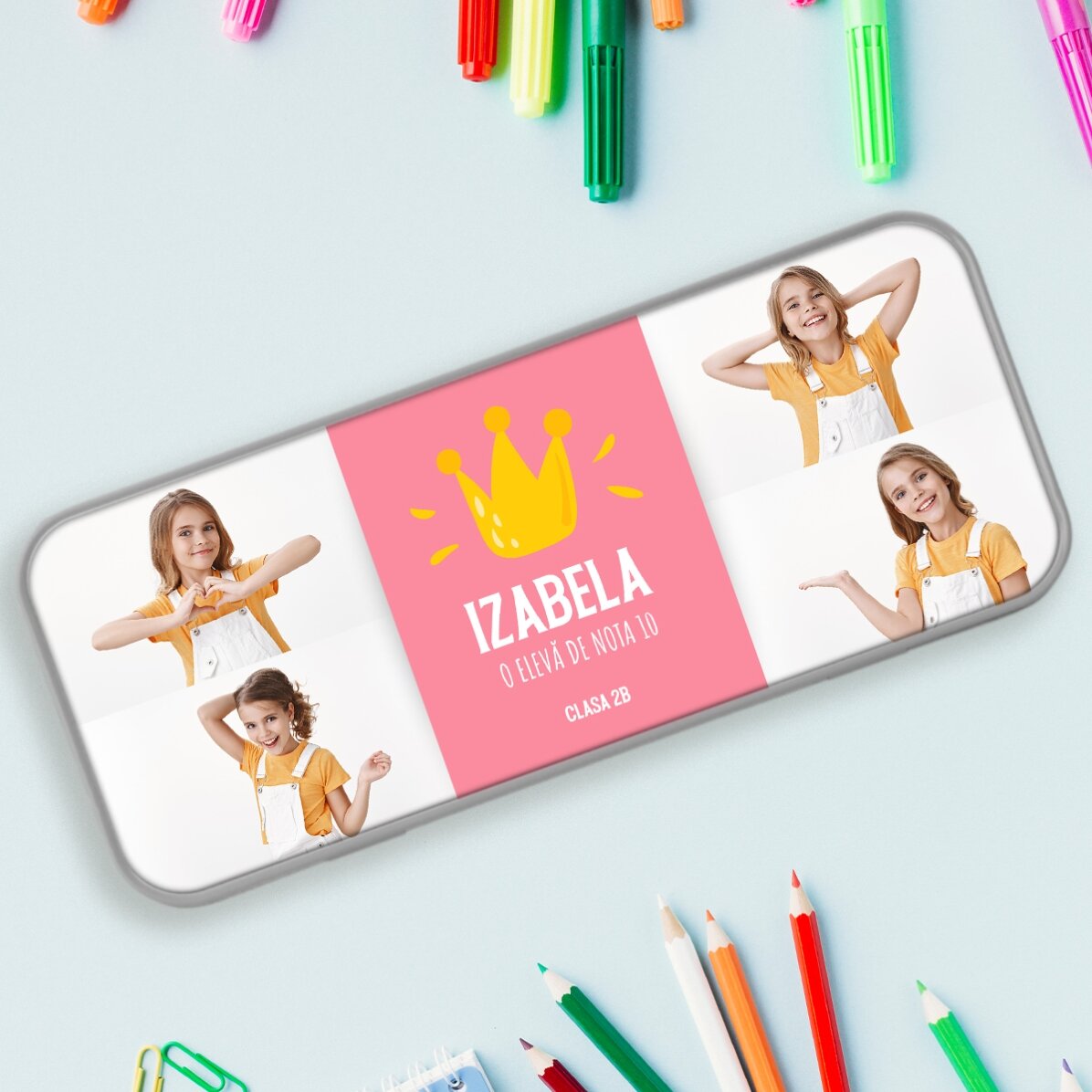 Personalisiertes Federmäppchen mit 4 Fotos und Text – Der beste Schüler