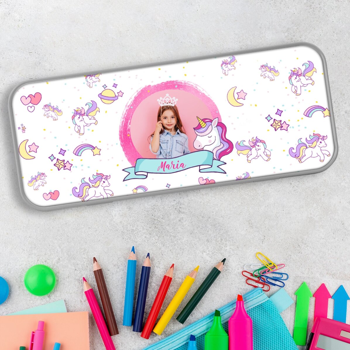 Personalisiertes Federmäppchen mit Foto und Text – Einhorn