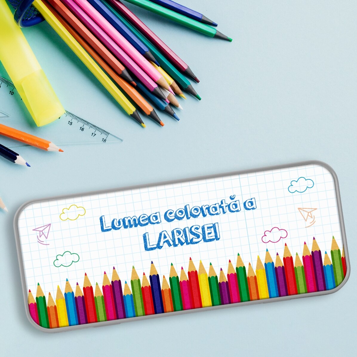 Personalised pencil case with text - A colourful world