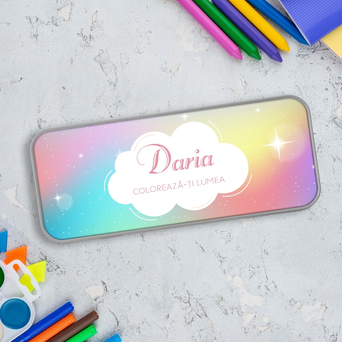 Personalisiertes Federmäppchen mit Text – Rainbow
