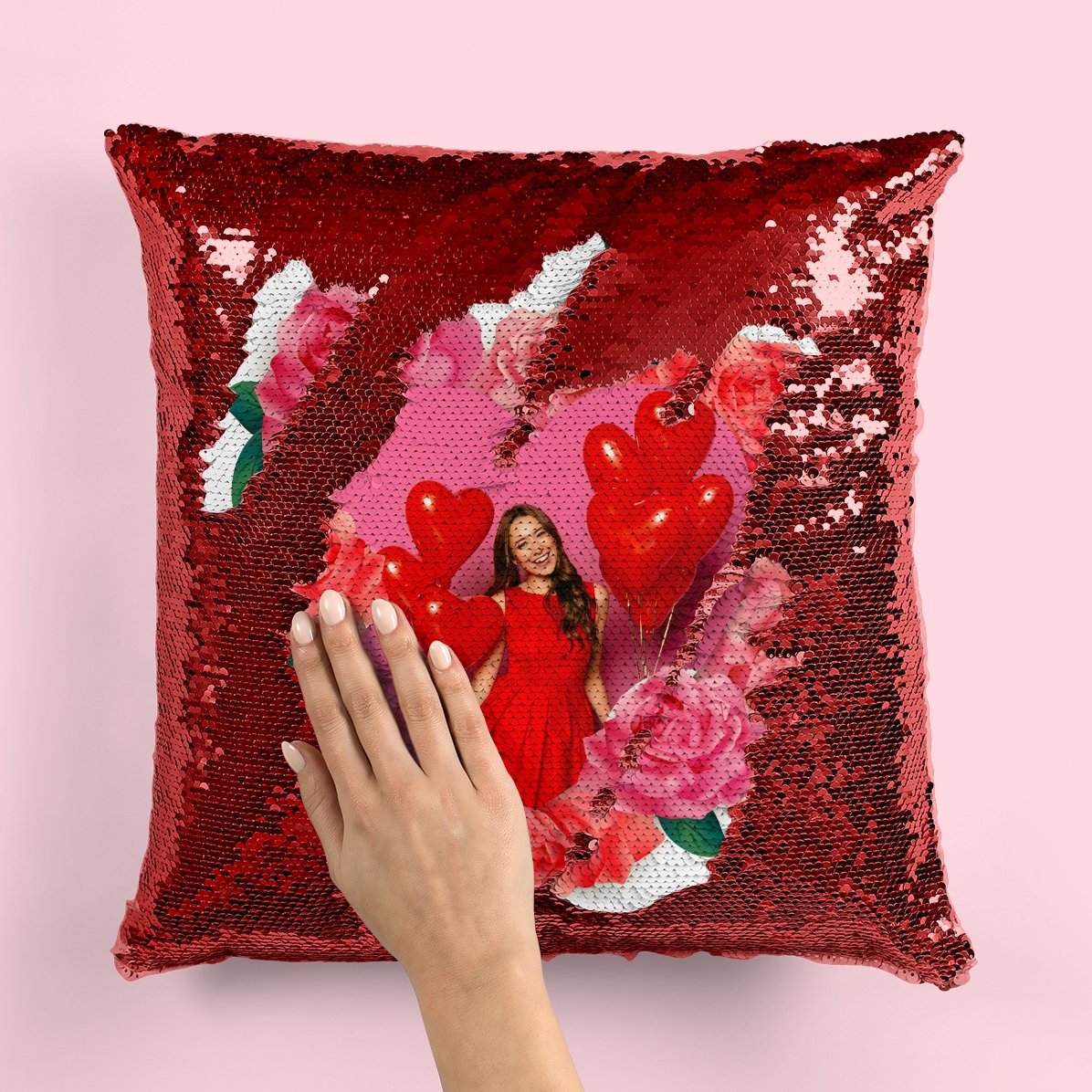 Personalisiertes Paillettenkissen mit einem Foto und Rosen