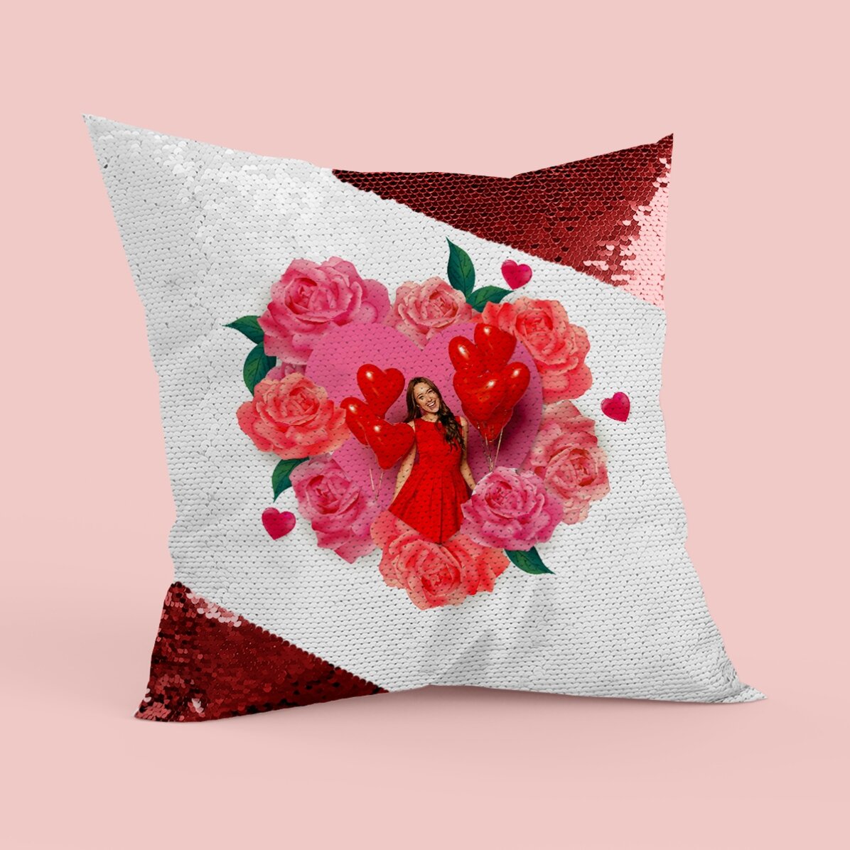 Personalisiertes Paillettenkissen mit einem Foto und Rosen