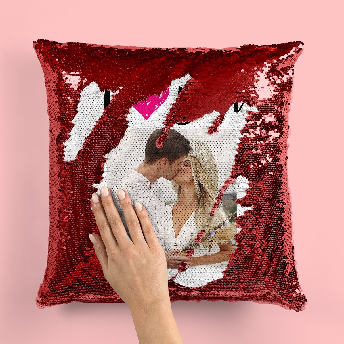Personalisiertes Kissen mit Pailletten und Foto – I love you