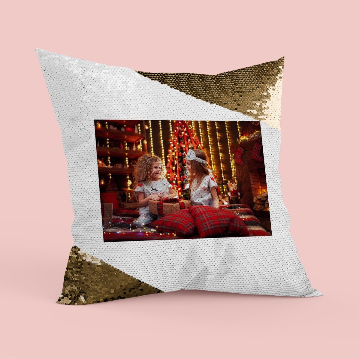 Personalisiertes Kissen mit Pailletten und Foto – Goldene Pailletten