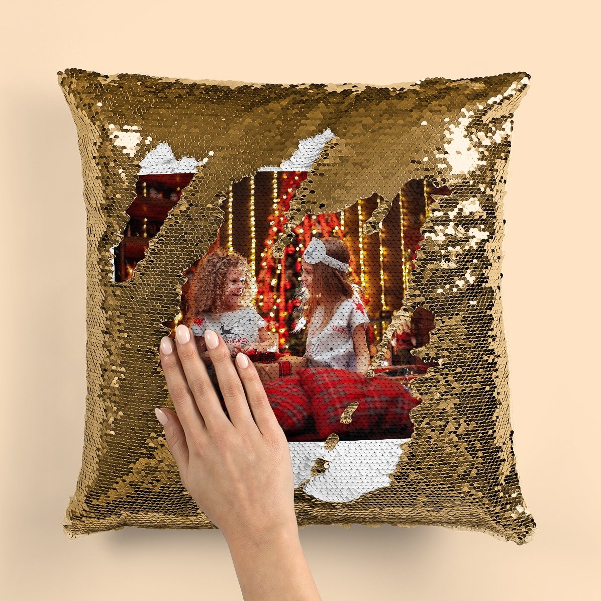 Personalisiertes Kissen mit Pailletten und Foto