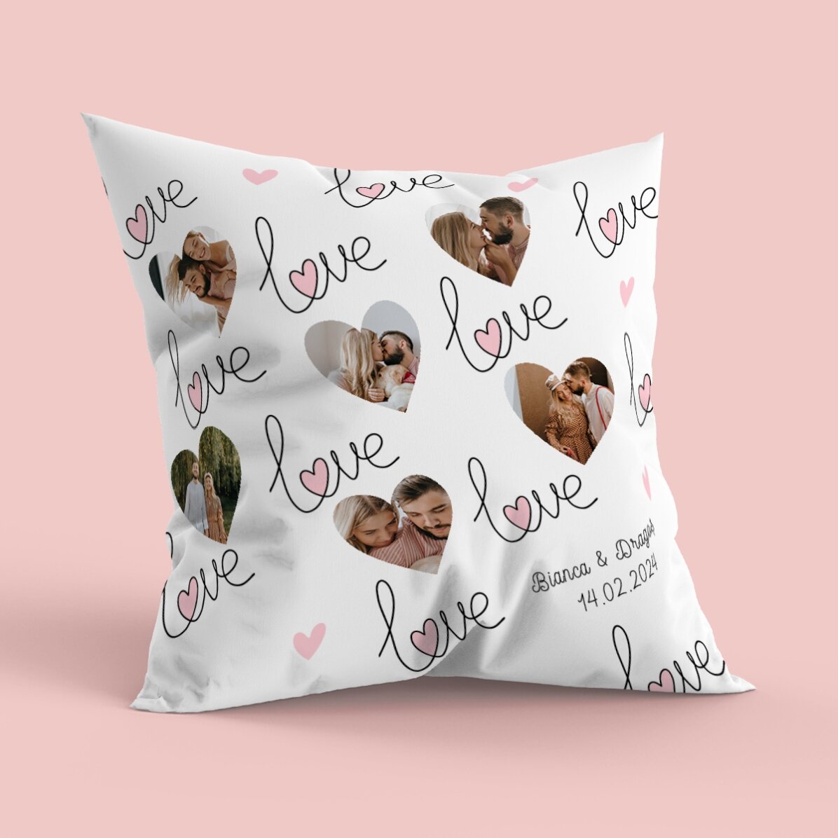Personalisiertes Kissen mit 6 Fotos, Herz und Botschaft – Love