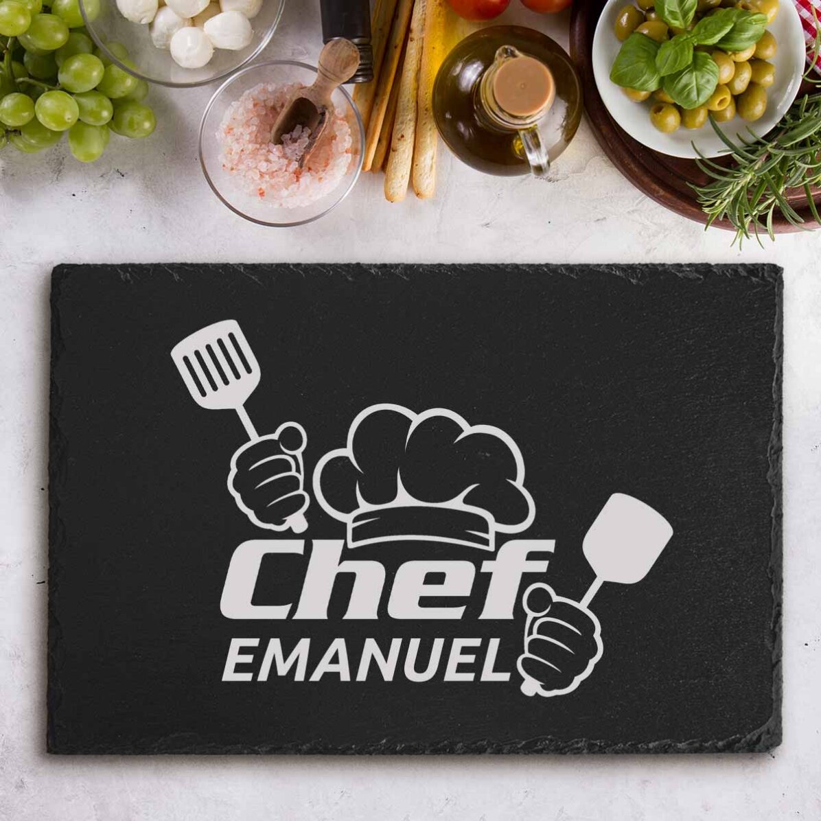 Individuell gravierte Schieferplatte mit Text – „Chef Puternic“