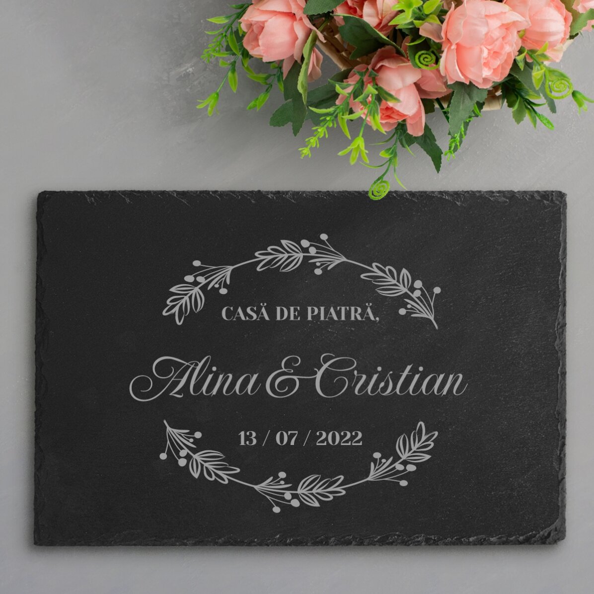 Individuell gravierte Schieferplatte mit Text – Hochzeit