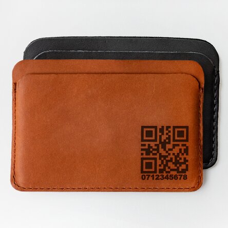 Personalised leather wallet with QR code and telephone number