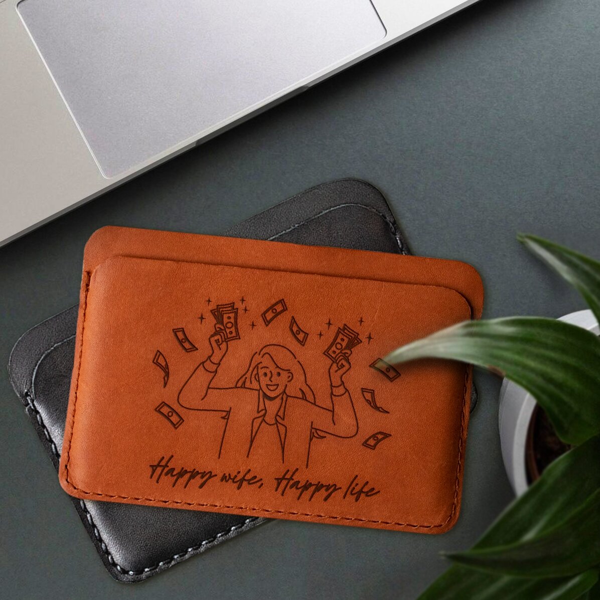 Personalisierte Lederbrieftasche mit der Aufschrift „Happy wife, Happy life“